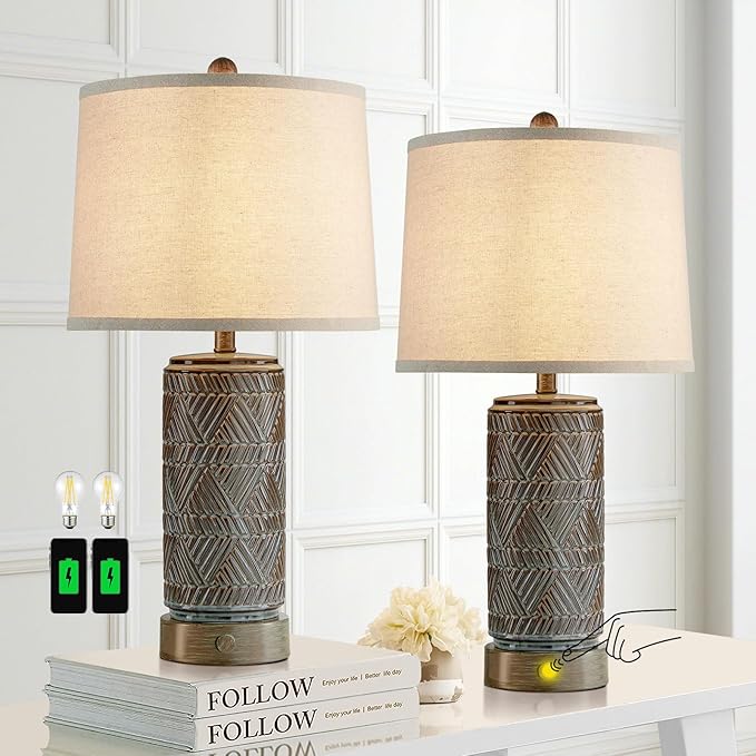 RORIA Set of 2 Farmhouse Table Lamps for Living Room Bedroom, 3 Way Dimmable Touch Nightstand Lamp with 2 USB Port, Rustic Vintage Bronze Ceramic Lamps for End Table Bedside, Bulbs Included
