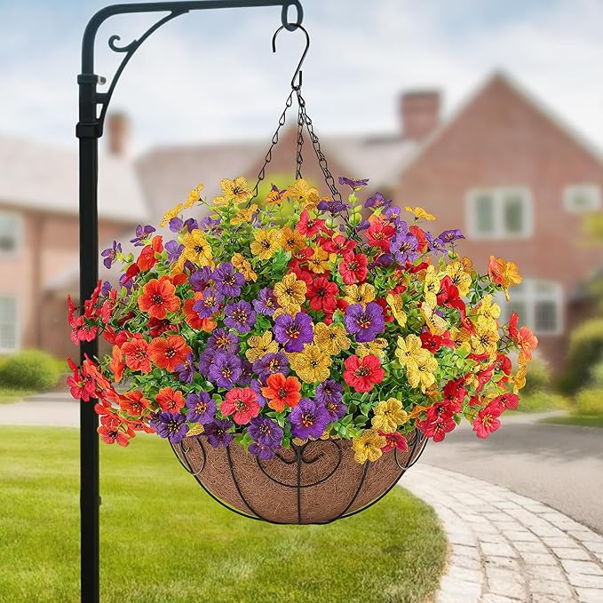 2 Set Artificial Faux Hanging Flowers Plants Basket for Outdoors Outside Spring Summer Decoration,2 Hanging Planters 24pcs Silk Fake Flowers UV Resistant Porch Patio Front Garden Home (4 Multicolor)