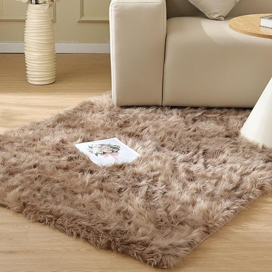 Faux Sheepskin Beige 3x5 Fluffy Fur Washable Area Rugs for Bedroom Shaggy Carpet for Living Room Nursery Rug Cute Home Décor