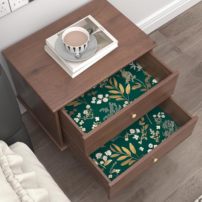 Dark Green Floral Wallpaper Peel and Stick Green Golden Leaf Wallpaper Vintage Floral Contact Paper Waterproof Self Adhesive Boho Delicate Wall Paper for Cabinet Rooms Walls Locker 17.5" x 118"