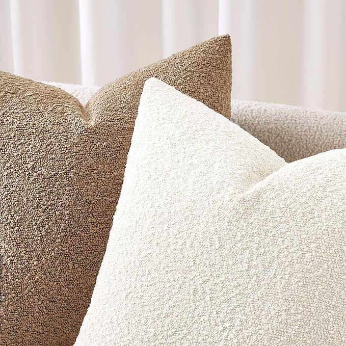 ANRODUO Pack of 2 Textured Boucle Throw Pillow Covers Soft White Euro Decorative Accent Solid Pillow Cases Cozy Modern Couch Cushion Case for Chair Sofa Bedroom Living Room Home Decor, 24 x 24 Inch