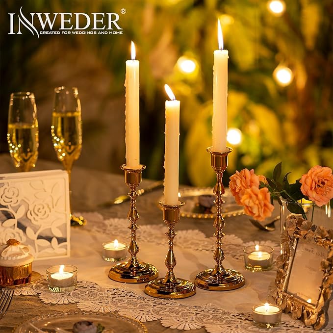 Brass Candlestick Holders Vintage: Gold Taper Candle Holder Metal Candle Sticks Holder Antique Decoration for Dinning Table Mantel Wedding Centerpieces Christmas Party Set of 6