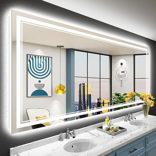 84x40 LED Bathroom Mirror with Lights, Backlit & Front Lit, Anti-Fog Frameless Lighted Vanity Mirrors for Bathroom Wall, Dimmable, 3-Color Light, Memory, Shatter-Proof, Tempered Glass, CRI＞90