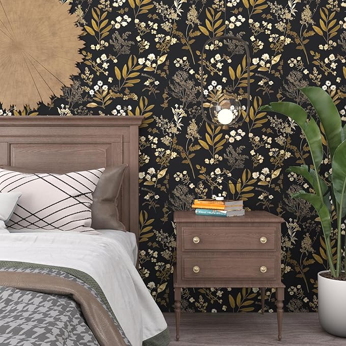 Leaf Wallpaper Peel and Stick Dark Floral Wallpaper 17.5in x 197in Vintage Leaf Contact Paper Vinyl Waterproof Self Adhesive Boho Botanical Wall Paper for Bedroom Cabinet Décor