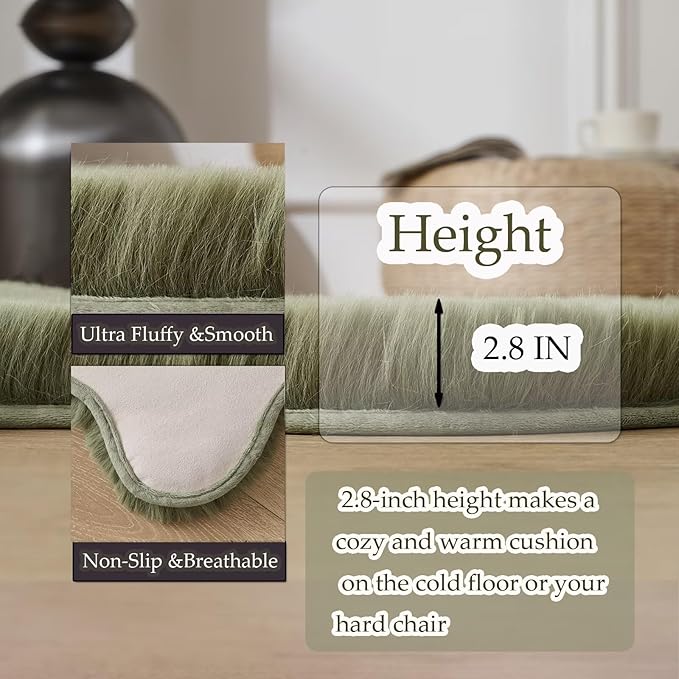 1700GSM Fuzzy Faux Sheepskin Fur Area Rug,Extra Soft Faux Fur Mat,Fluffy Shaggy Fur Rug for Bedroom Living Bedside Rug Room Decor-Sage Green, 4 x6 ft