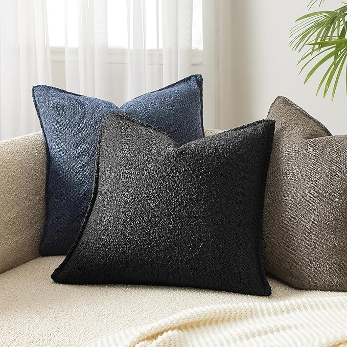 JUSPURBET Black Decorative Pillow Covers 20x20 Set of 2 Throw Pillow Covers for Couch Sofa Bed Cozy Boucle Textured Cushion Covers Cases with Hidden Zipper for Living Room Home Decor