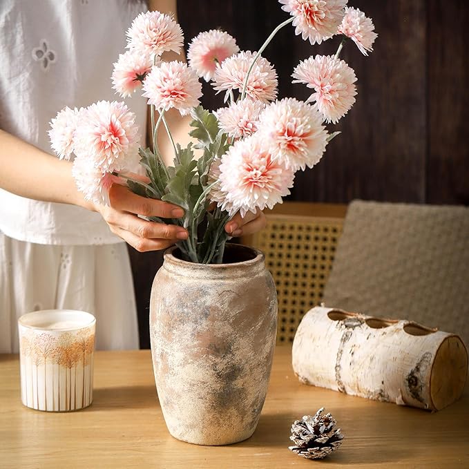 Rustic Ceramic Vase, 8.2 Inch Terracotta Rustic Vase, Farmhouse Decorative Vase Boho Decor, Christmas Decorative Vintage Flower Vase Home Decor, Living Room, Entryway, Holiday Wedding New Year Gifts