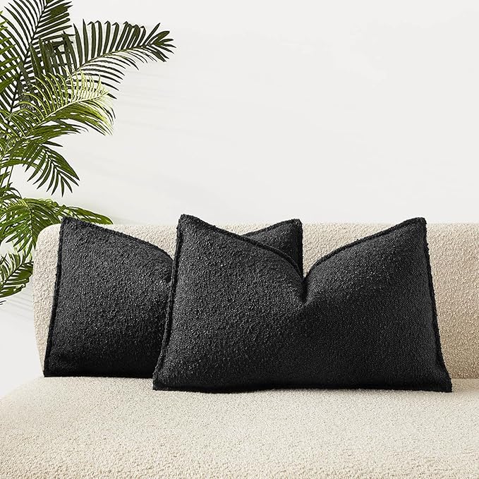JUSPURBET Black Decorative Pillow Covers 14x24 Set of 2 Throw Pillow Covers for Couch Sofa Bed Cozy Boucle Textured Lumbar Cushion Covers Cases with Hidden Zipper for Living Room Home Decor