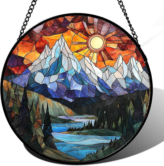 Stained Glass Window Hanging - Colorful Mountain Lake Landscape Sun Catcher for Door Garden Home Decor Suncatcher Christmas Mother's Day Birthday Gifts for Women Men Mom Nana 7.8 in