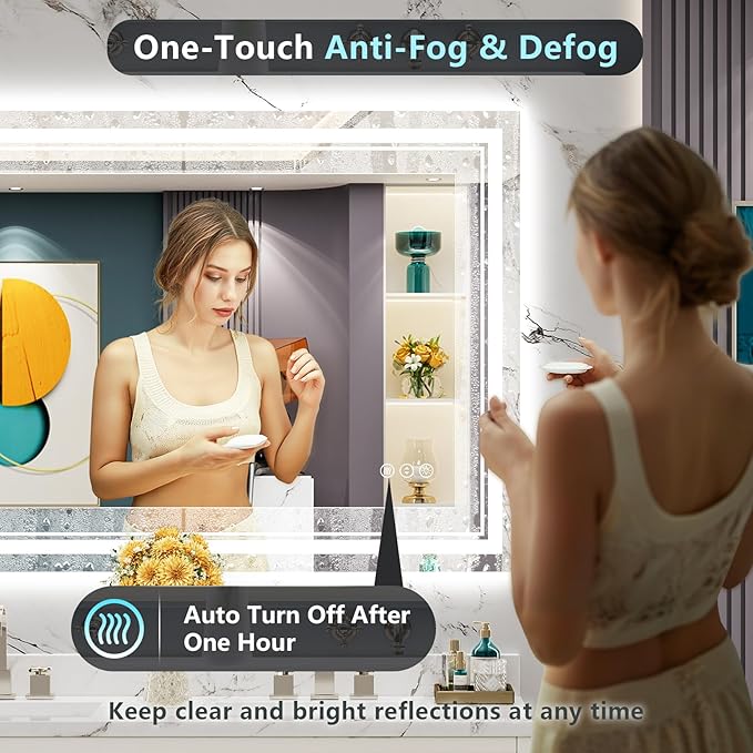 48x36 LED Bathroom Mirror with Lights, Backlit & Front Lit, Anti-Fog Frameless Lighted Vanity Mirrors for Bathroom Wall, Dimmable, 3-Color Light, Memory, Shatter-Proof, Tempered Glass, CRI＞90