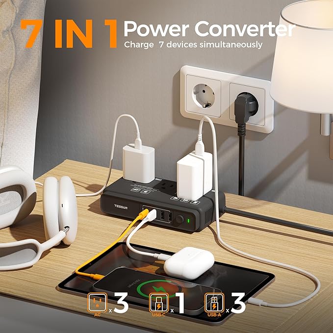 220V to 110V Converter, TESSAN Travel Voltage Converter with 4 USB Ports (1 USB C), 3 AC Outlet and EU UK AU IT Universal Travel Adaptor, Step Down Transformer Power Outlet Adapter Combo Black