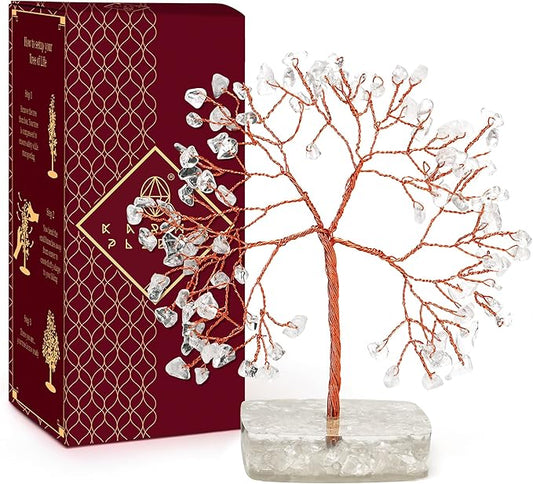 Clear Quartz Crystal Tree of Life Spiritual gifts for Women, 7 Chakra Reiki Healing Crystals for Positive Energy & Good Luck, Money Bonsai Trees, Handmade Feng Shui Home and Office Decoration
