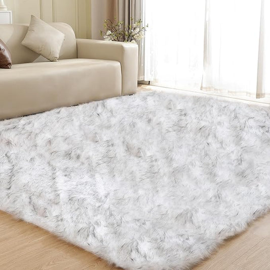 White and Grey Rug 8x10 Area Rugs for Living Room Machine Washable Shag Faux Sheepskin Furry Fur Rug Large Nursery Rectangle