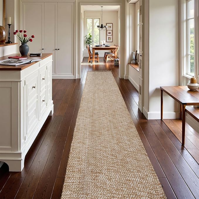 Collive Boho 18 ft Long Runner Rug for Hallway, Washable Kitchen Runner, Cotton Hand-Woven Farmhouse Neutral Carpet Runners, Tan/Cream Low Pile Entryway Floor Runners for Bedroom