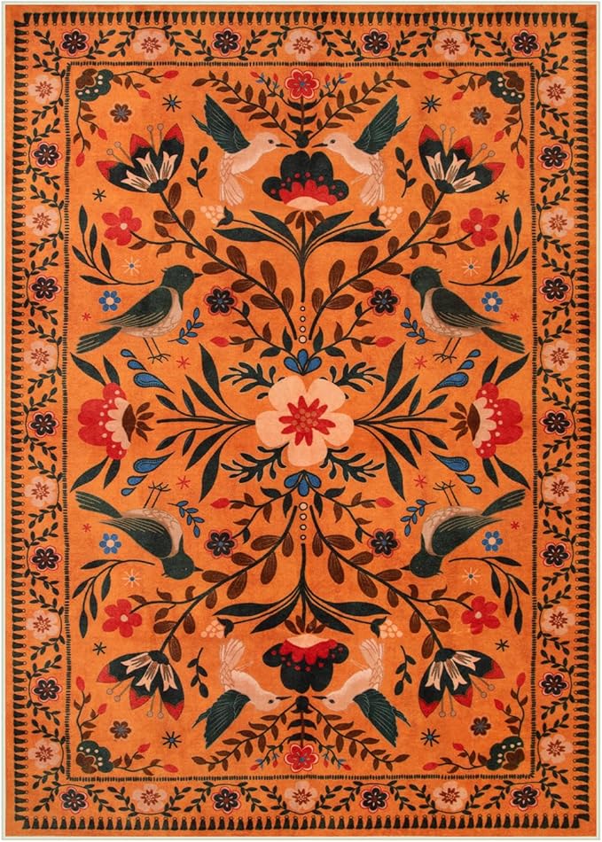 Moynesa Bedroom Rug 5x7, Washable Bohemian Scandinavian Orange Area Rugs for Living Room Dining Room Reading Coner, Modern Country Floral Bird Carpet, Fall Home Decor Non-Slip Protection