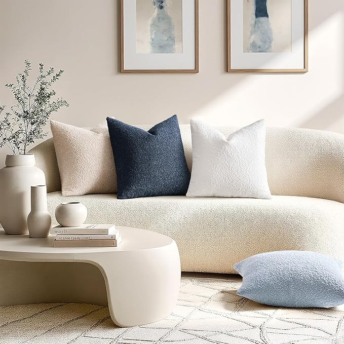 ANRODUO Pack of 2 Textured Boucle Throw Pillow Covers Soft Navy Blue Euro Decorative Accent Solid Pillow Cases Cozy Modern Couch Cushion Case for Bed Sofa Bedroom Living Room Home Decor, 22 x 22 Inch