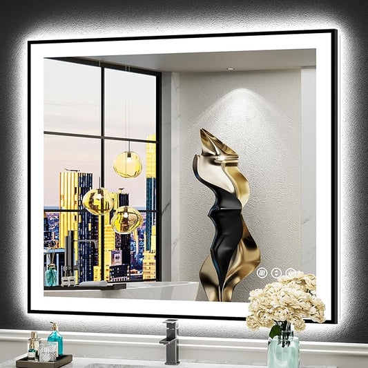 32x36 Black Framed LED Bathroom Mirror with Lights, Backlit & Front Lit, Anti-Fog Lighted Vanity Mirror for Bathroom Wall, 3 Colors, Dimmable, Memory, HD Tempered Glass, Horizontal/Vertical