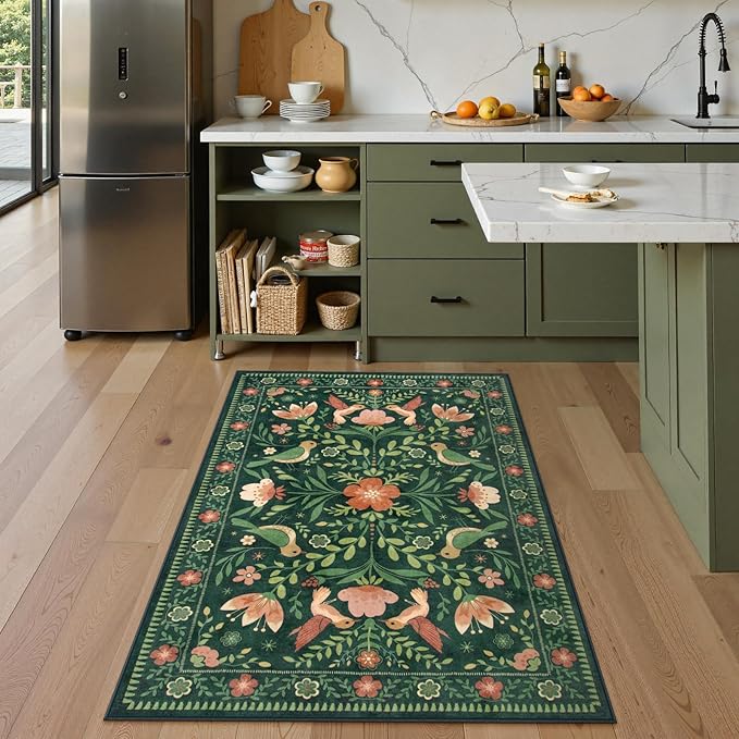 Moynesa 3x5 Kitchen Rug, Modern Cottage Washable Non-Slip Low Pile Area Rug for Bedroom Entryway Entrance Aesthetic,Lightweight Foldable Farmhouse Floral Bird Print Pattern Carpet Retro Home Decor