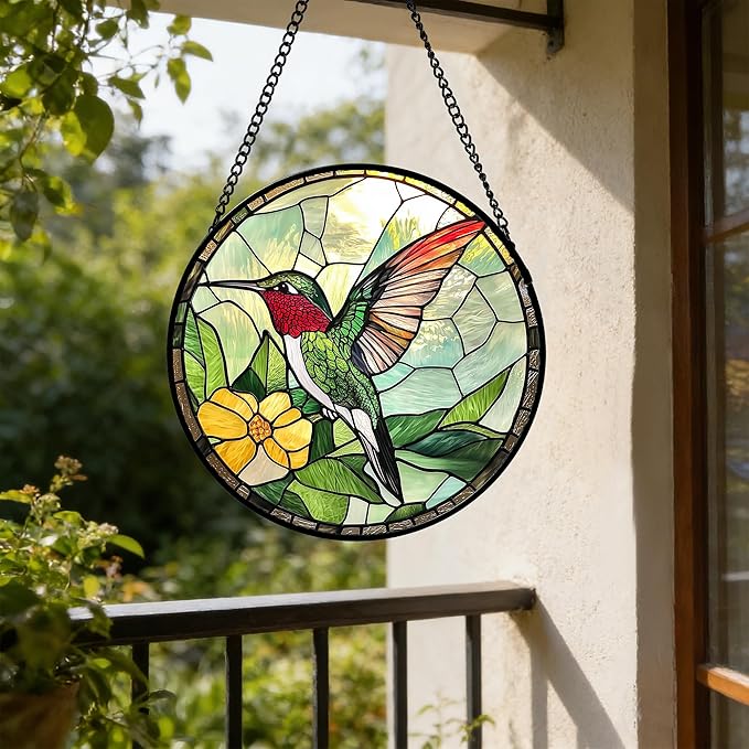 Stained Glass Window Hanging, Green Hummingbird Sun Catcher for Door Home Decor, Birds Suncatcher Christmas Mother's Day Birthday Gifts for Bird Lovers Women Men Mom and Nana 15 in
