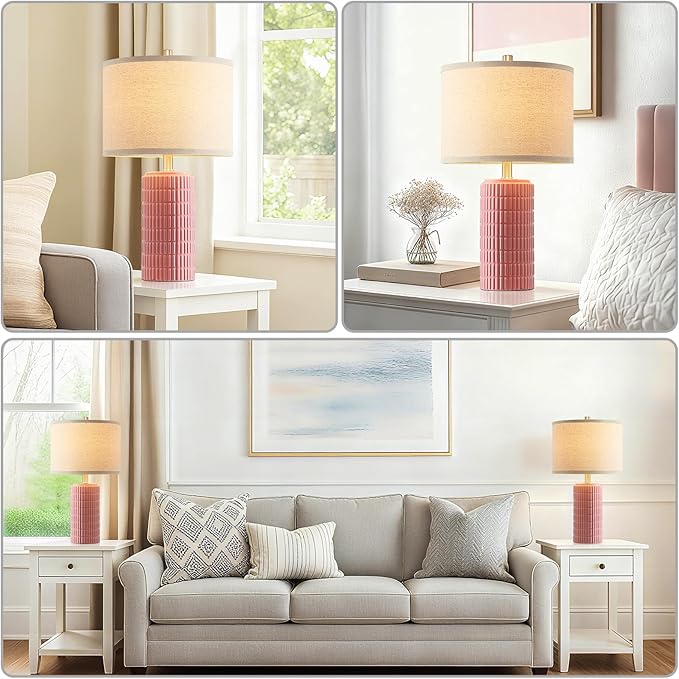 23" Set of 2 Pink Ceramic Table Lamp for Living Room Bedroom, Modern Farmhouse Nightstand Desk Lamps for Dining Room Dresser End Table Entryway, 2 LED Bulbs Included