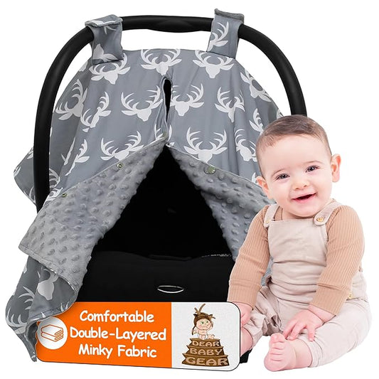 Dear Baby Gear - 40x30 Car Seat Canopy, Infant Carrier Cover for Boys & Girls, Cozy Fall, Nursing & Stroller Use, Newborn Travel Sunshade Accessory White Antlers on Gray, Gray Reverse