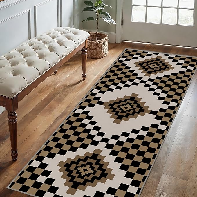 Retro Moroccan Farmhouse Decor Rug Runners for Hallways, 2x7ft, Black Linen Checkered Entryway Carpet, Rubber Backed Low Pile Easy Clean Carpets, Durable Reduce Noise Rugs for Floor
