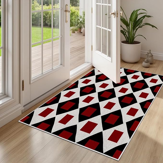 Plaid Rug 7x10, Vintage Geometric Soft Ultra Soft Faux Wool Low Pile Rug, Indoor Floor Mats Carpet, Non-Slip Stain Resistant Washable Rugs, Modern Red Rugs for Living Room Home Office Decor