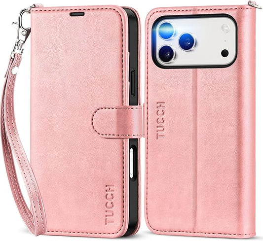 TUCCH Wallet Case for iPhone 17 Pro Max (6.9") 2025, Wrist Strap | 4 Card Slots | RFID Blocking | Stand | Shockproof TPU Shell | PU Leather | Magnetic | Protective Flip Cover | Rose Gold