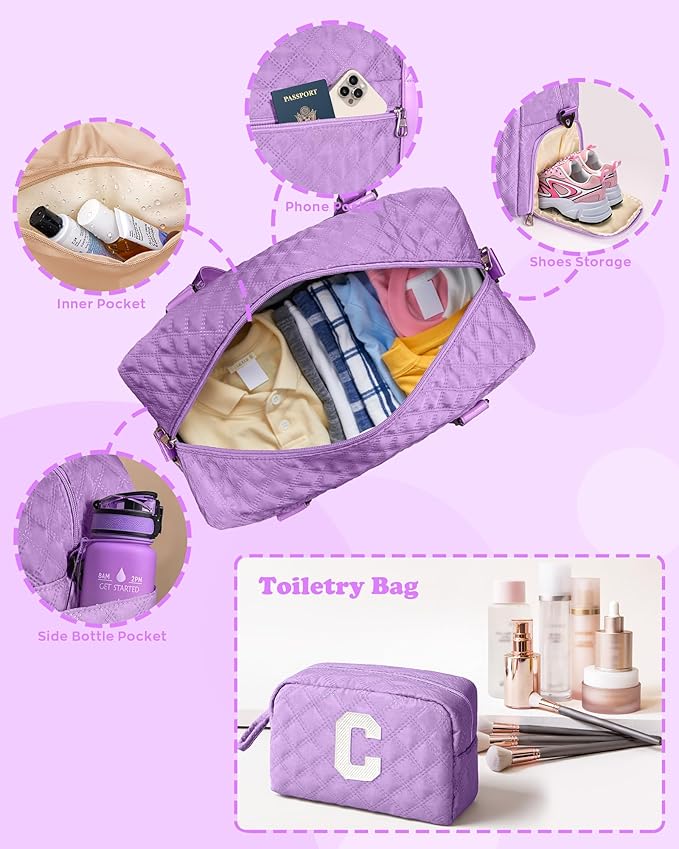 Elilier Initial Travel Duffle Bag Women Girls Gift: Personalized Weekender bags, Dance Cheer bag Sports for Girl, Kid Gymnastics Bags, Birthday Gifts for Women Kids Teens