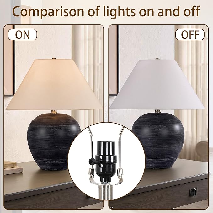 Pia Ricco 21'' Medium Size Black Glossy Ceramic Base Ceramic Basin Table Lamp for Bedroom, Living Room, Dining Room, Office, White Shade,White Striped Black Base