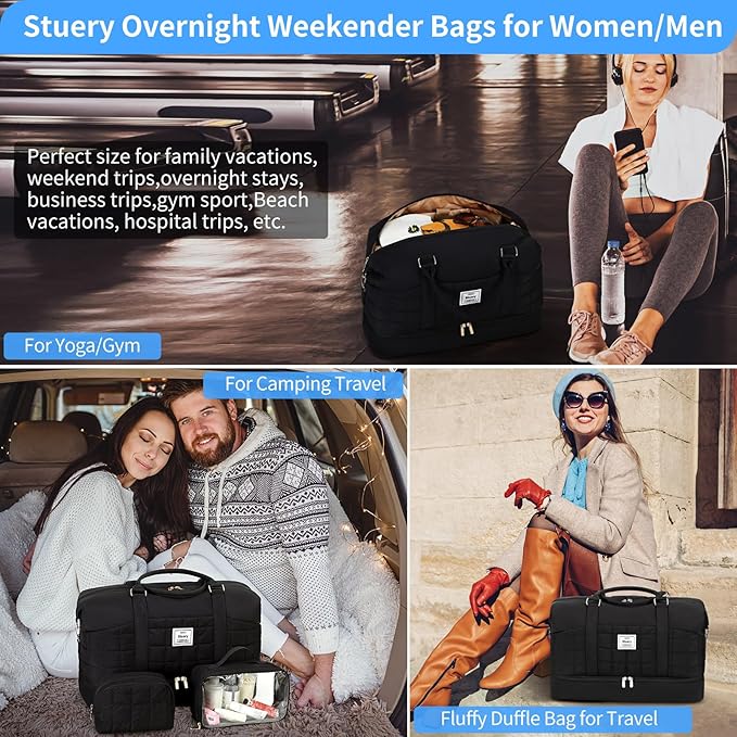 Weekender Bag, Large Travel Duffel Bag for Women, Carry on Overnight Bag with Shoe Compartment and Toiletry Bags