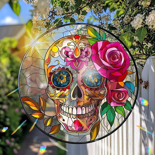 VAIIEYO Skull Rose Acrylic Sun Catcher Window Hanging Decoration, 7.8 Inch Double-Sided Light Reflecting Ornament for Window, Garden, Porch or Balcony Decor, Housewarming, Gift for Natural Lovers