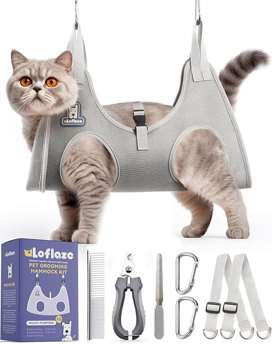 Loflaze Dog Grooming Hammock Harness for Dogs & Cats with Pet Nail Clipper Trimmer - Cat Hanger Sling for Trimming Clipping Nails- Dog Hammock Restraint Bag for Small Medium Large pet （ Grey XS）