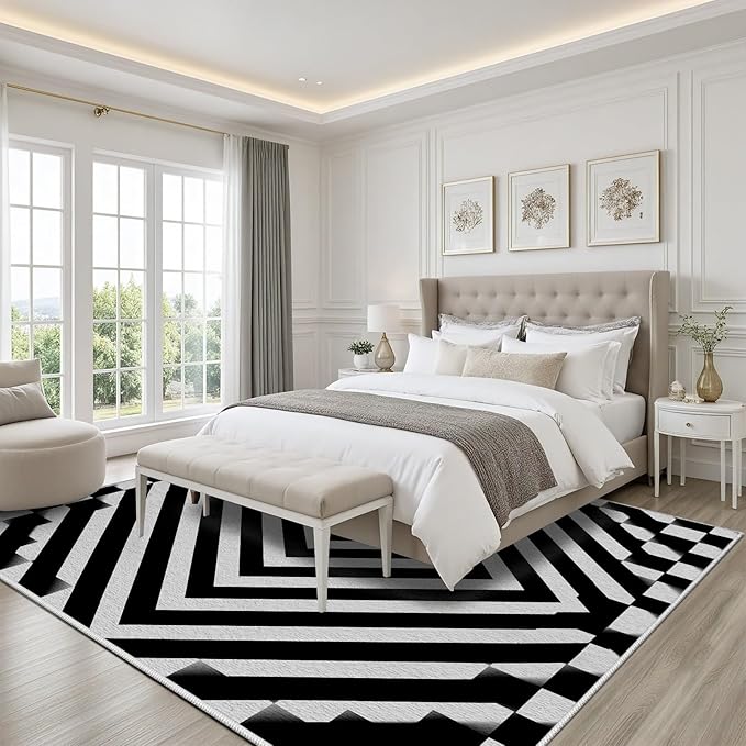 Black and White Rug 5x7, Checkered Soft Thin Indoor Floor Mats Carpet, Non-Slip Stain Resistant Washable Rugs, Modern Rhombus Geometric Rugs for Living Room, Farmhouse Rug