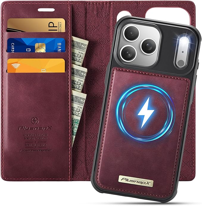 PlusnapX Wallet Case for iPhone 17 Pro Max Compatible with Magsafe, 2-IN-1 PU Leather Flip RFID Blocking Card Holder Stand Shockproof Magnetic Detachable Case for iPhone 17 Pro Max Case 6.9", Burgundy