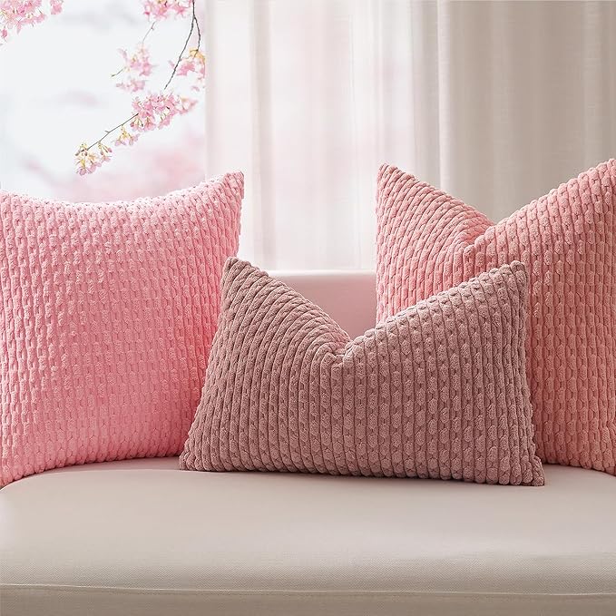 Kevin Textile Valentines Day Decorative Pillow Covers Set of 2 Striped Plush Corduroy Pillows Pillowcases Boho Home Decor Cushion Covers for Couch Sofa Bed Living Room 24x24 Inch, Pink