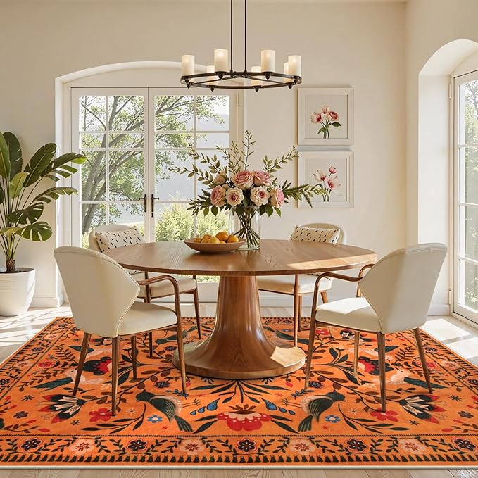 Moynesa Washable 8x10 Area Rugs for Living Room Bedroom Dining Room, Bohemian Scandinavian Modern Country Aesthetic Floral Bird Medallion Carpet, Fall Home Decor Open Floor Areas Protection Non-Slip