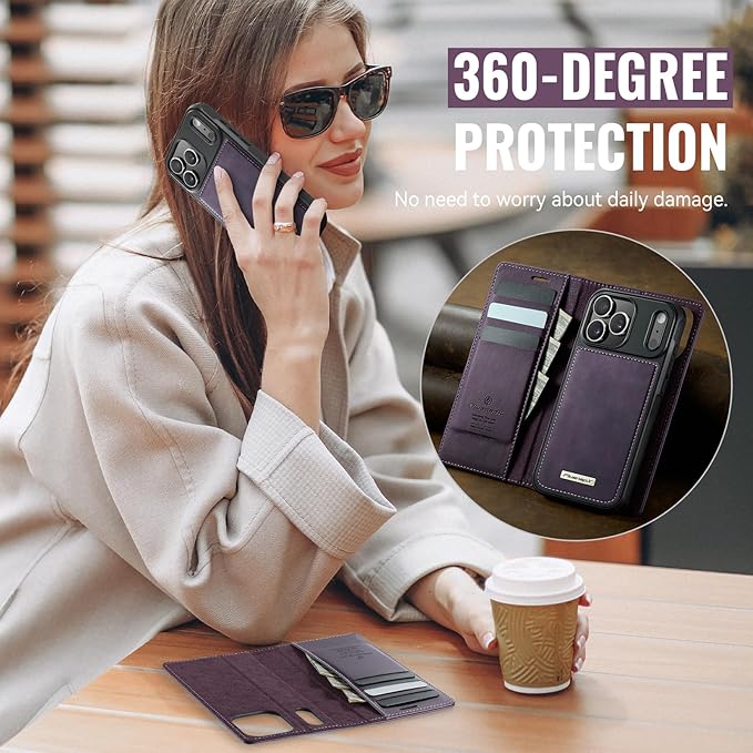 PlusnapX Wallet Case for iPhone 17 Pro Max Compatible with Magsafe, 2-IN-1 PU Leather Flip RFID Blocking Card Holder Stand Shockproof Magnetic Detachable Cover for iPhone 17 Pro Max 6.9", Retro Purple