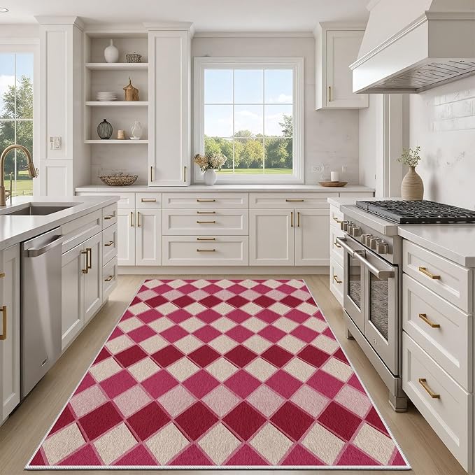 Plaid Rug, Soft Ultra Soft Faux Wool Rhombus Geometric Rugs, Indoor Floor Mats Carpet, Non Slip&Non-Shedding Low Pile Washable Rugs, Modern Red 6x8 Area Rug for Bedroom Home Decor