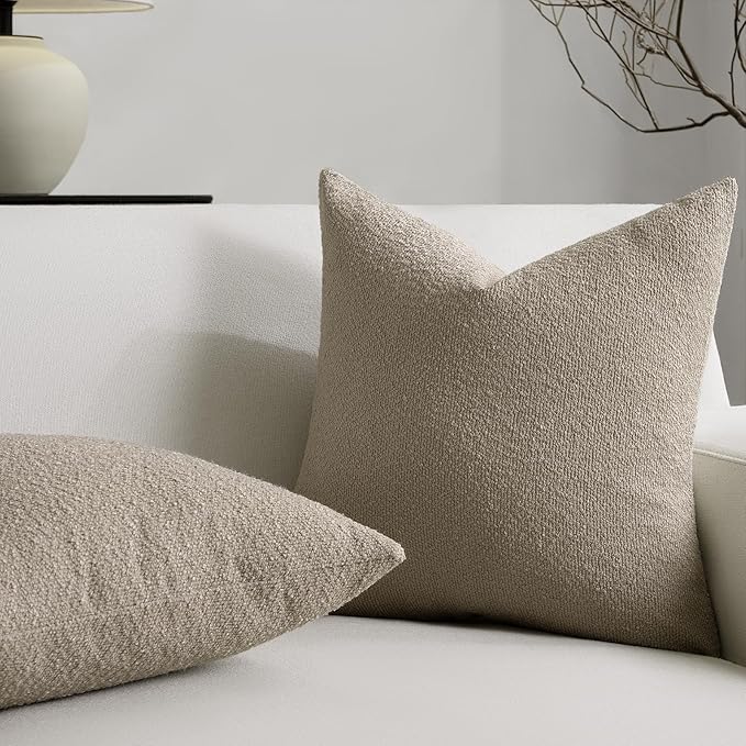 Throw Pillow Covers 18 x 18 Inch Set of 2, Accent Soft Boucle Textured Pillow Cover, Decorative Solid Color Cozy Cushion Pillow Case for Couch Bedroom Sofa Living Room Home Decor, Oatmeal