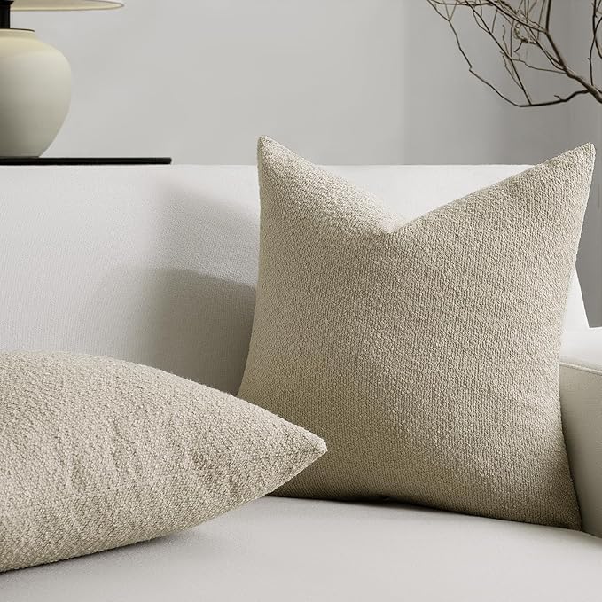Throw Pillow Covers 20 x 20 Inch Set of 2, Beige Decorative Accent Solid Boucle Textured Pillow Cover, Cozy Neutral Cushion Pillow Cases for Living Room, Sofa, Chair, Bedroom, Home Decor