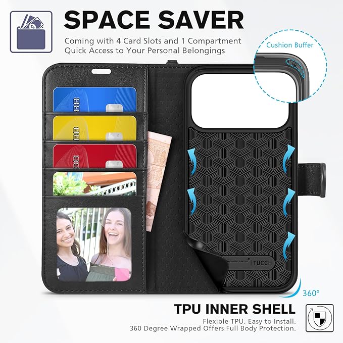 TUCCH Wallet Case for iPhone 17 Pro Max (6.9") 2025, Wrist Strap RFID Blocking 4 Card Slots, Kickstand, Shockproof TPU Shell, PU Leather, Magnetic Closure, Protective Flip Cover, Black