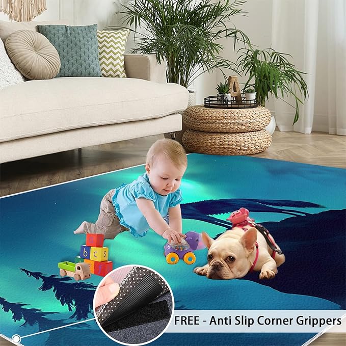 Wolf 4x6 Area Rugs for Living Room -Forest Washable Rug Aurora Non-Slip Carpet Indoor Floor Stain Resistant Thin Carpets for Bedroom Dining Room Home Office