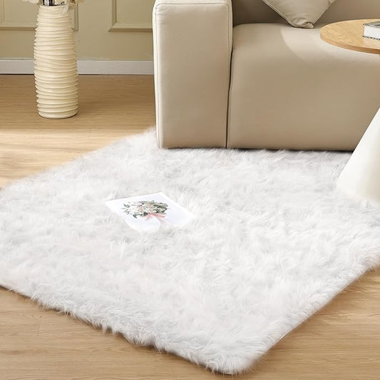 White Shag Washable Area Rugs for Living Room Faux Sheepskin Fuzzy Fur Rug for Bedroom Nursery Rug 3x5 Teen Room Décor Boho