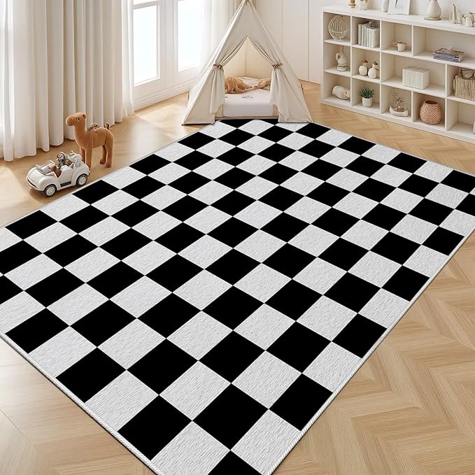 Black and White Checkered Rug for Living Room, 7x10 Area Rugs, Checkered Area Rug, Geometric Plaid Large Rugs, Washable Non Slip Retro Carpet Home Floor Decor