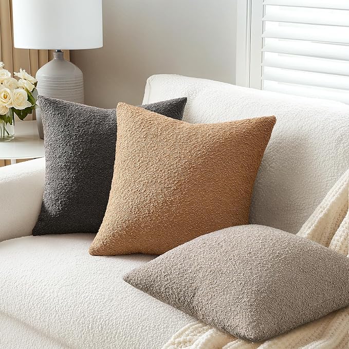 ANRODUO Pack of 2 Textured Boucle Throw Pillow Covers Soft Tobacco Brown Decorative Accent Solid Pillow Cases Cozy Modern Couch Cushion Case for Chair Sofa Bedroom Living Room Home Decor, 18 x 18 Inch