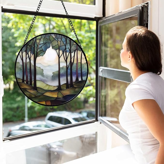 Stained Glass Window Hanging, Green Brown Smoke Forest Moon Suncatcher for Doors Window Home Tree Sun Catchers Decor Mother's Day Birthday Gifts for Women, Men Mom 11.8 in