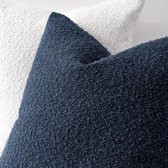 Boucle Decorative Throw Pillow Covers for Couch Set of 2, 18x18 inches, Navy Blue