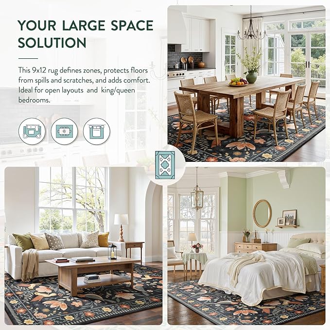 Moynesa Area Rugs 9x12 Black Folk Art Home Decor, Modern Transitional Aesthetic Floral Bird Medallion Carpet for for Living Room Bedroom Dining Room,Non-Slip Washable Floor Protection