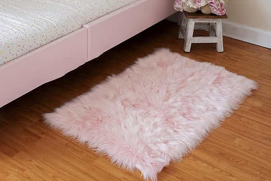 Silky Soft Faux Fur Shaggy Rug, 2 ft. x 3 ft. Pink Fluffy Sheepskin Area Rug, Rectangle Rug for Living Room, Bedroom, Kid's Room, or Nursery, Home Décor Accent, Machine Washable with Non-Slip Backing